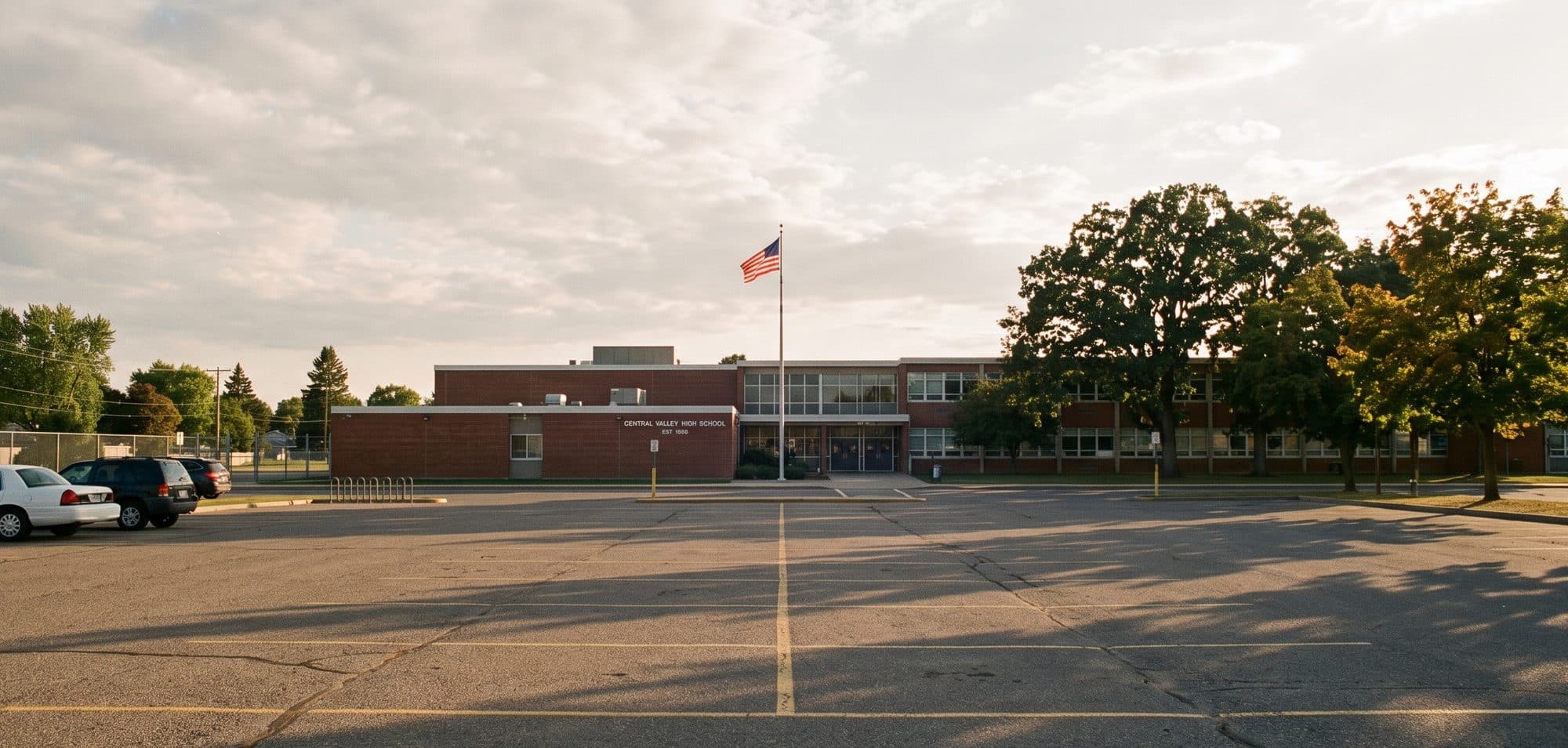 An American public high school building with the U.S. flag flying outside