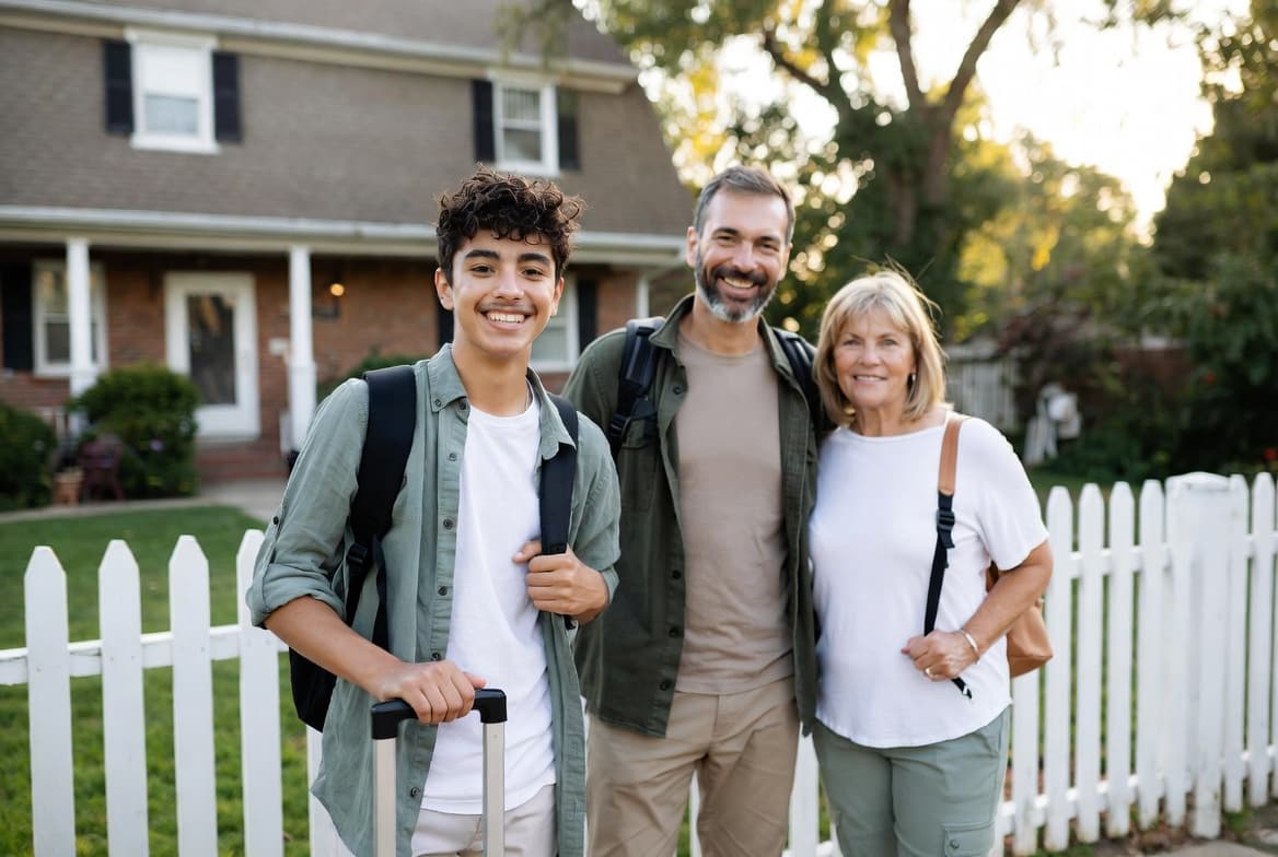 International exchange student arriving at their American host family's home