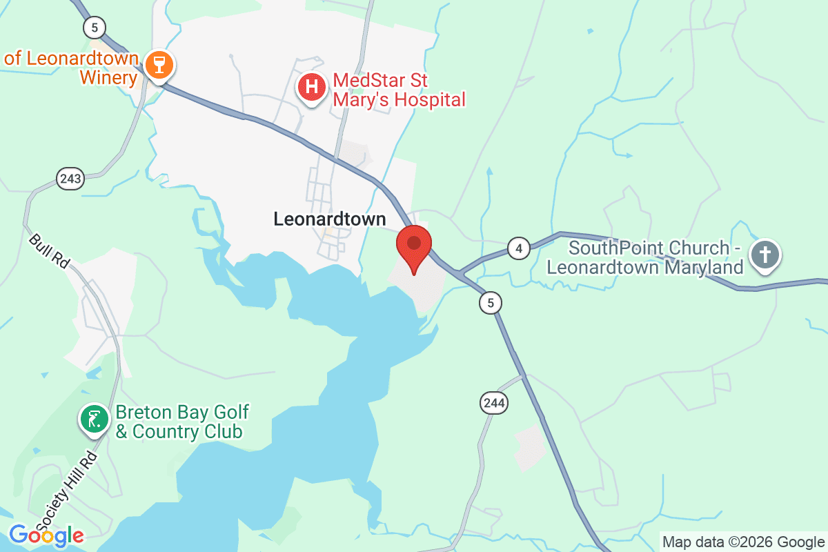 Map of the area surrounding St. Mary's Ryken High School in Leonardtown, Maryland
