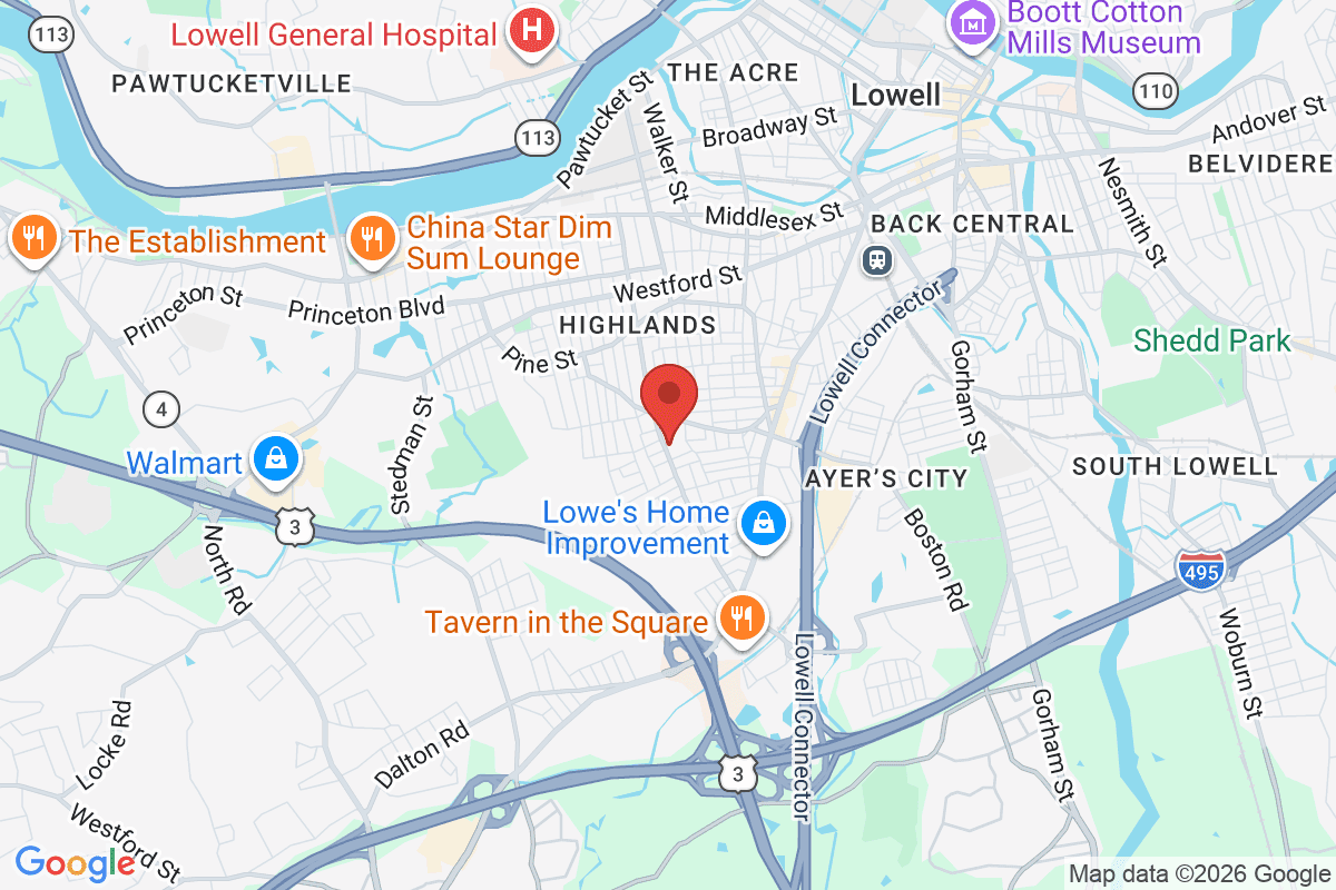 Map of the area surrounding Lowell Catholic High School in Lowell, Massachusetts