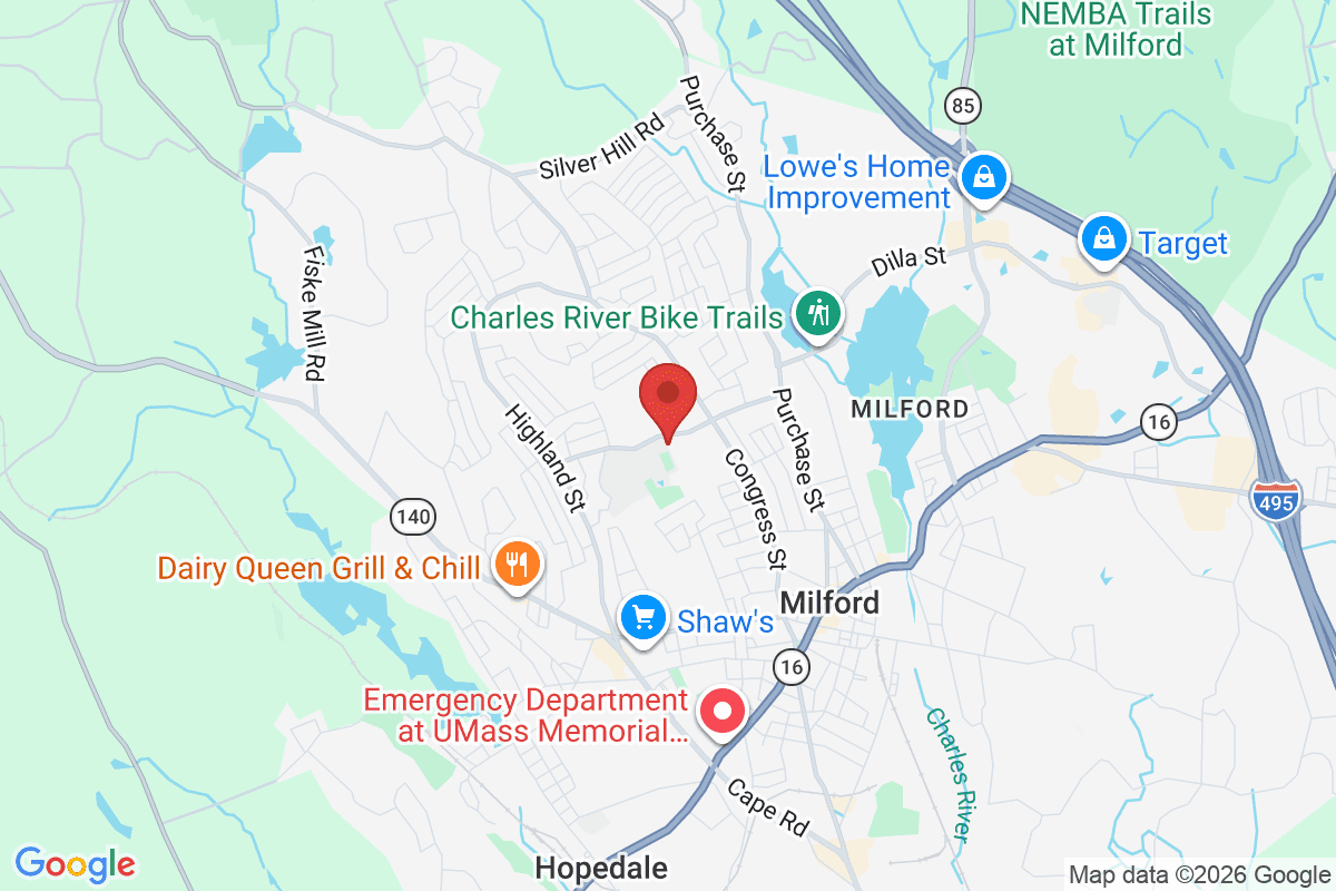 Map of the area surrounding Milford High School in Milford, Massachusetts