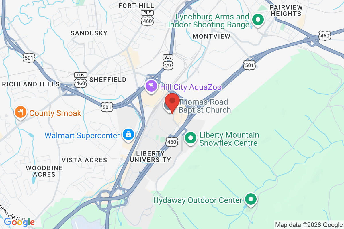 Map of the area surrounding Liberty Christian Academy in Lynchburg, Virginia