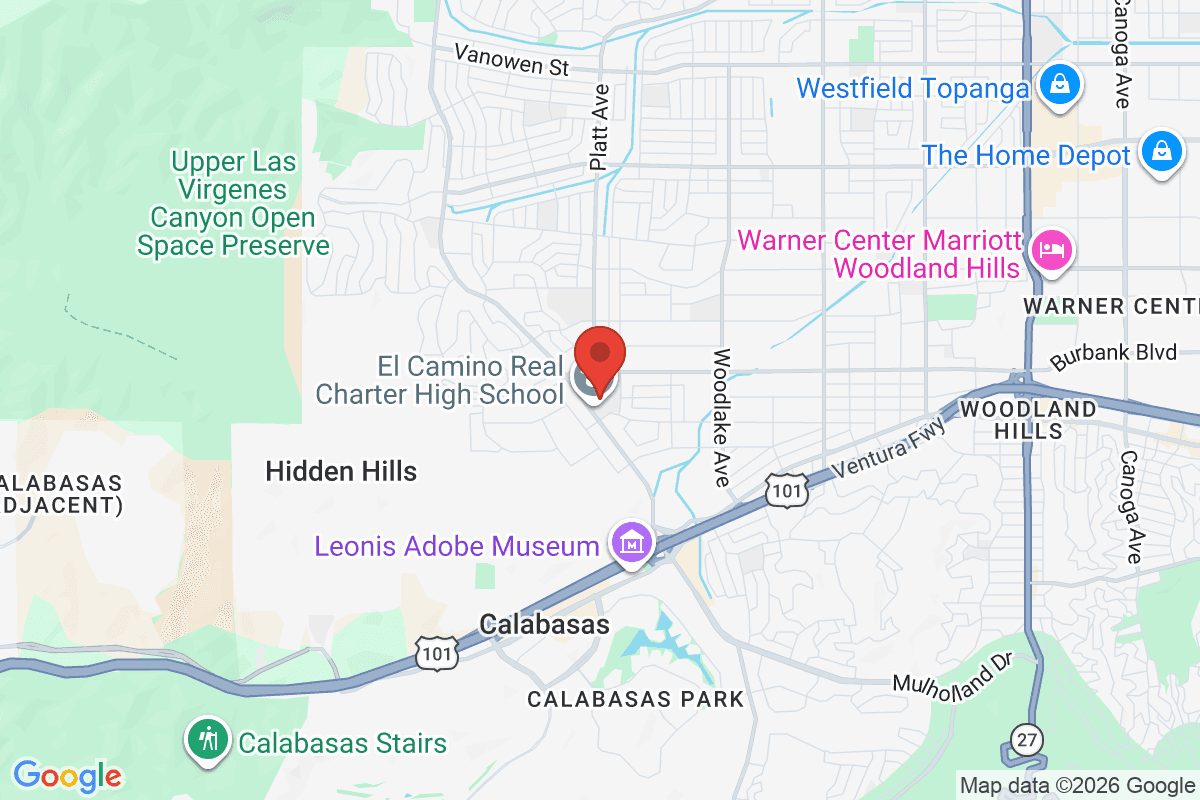 Map of the area surrounding El Camino Real Charter High School in Woodland Hills, California