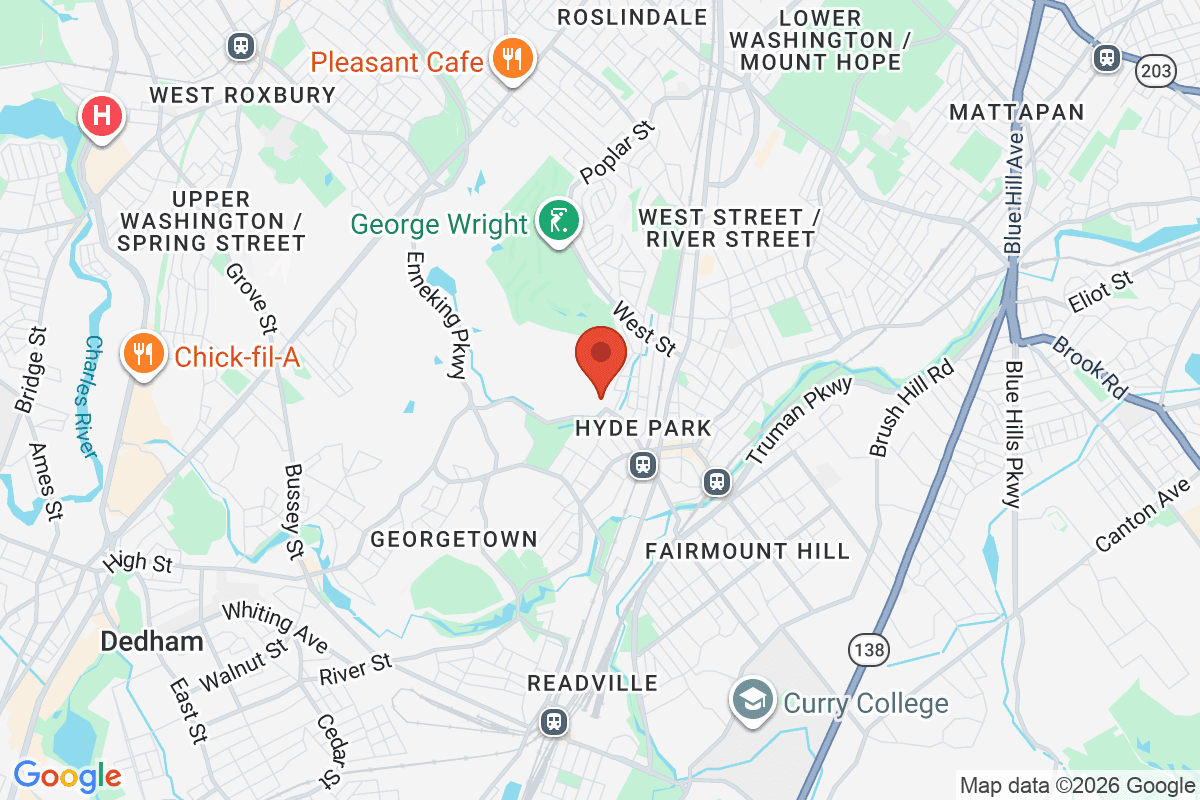 Map of the area surrounding Boston Trinity Academy in Hyde Park, Massachusetts